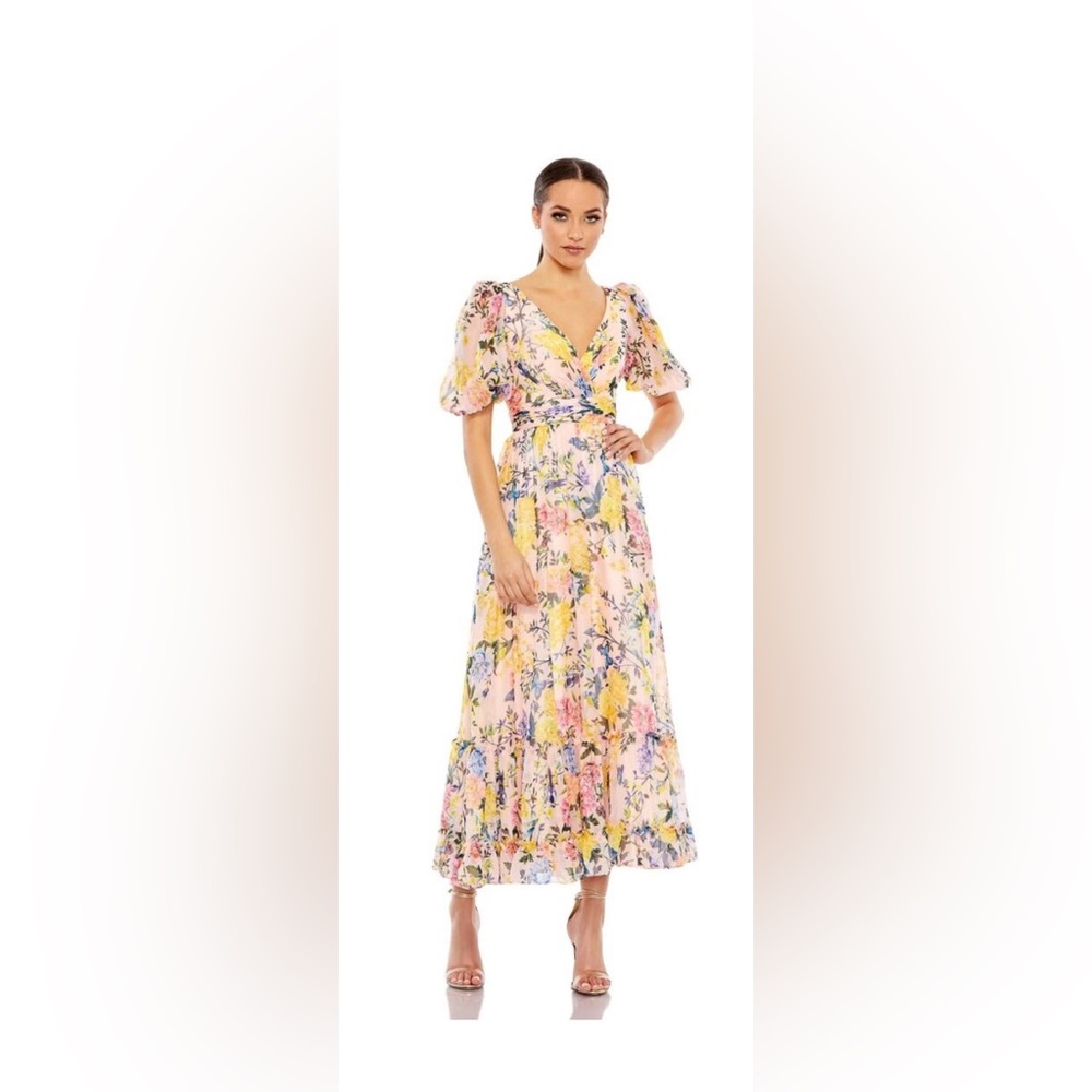 FLORAL PRINT CHIFFON PUFF SLEEVE TIERED HEM DRESS 68247 Size 14